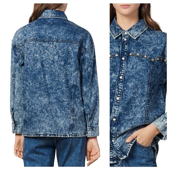 NWT Sandro Stane Denim Rhinestone Pearl Shirt Midnight Blue Western Jacket US 8 - Picture 4 of 16